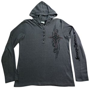 Harley Davdison Hooded Tribal McBling Biker Thermal Rhinestone Top Sz  XL
